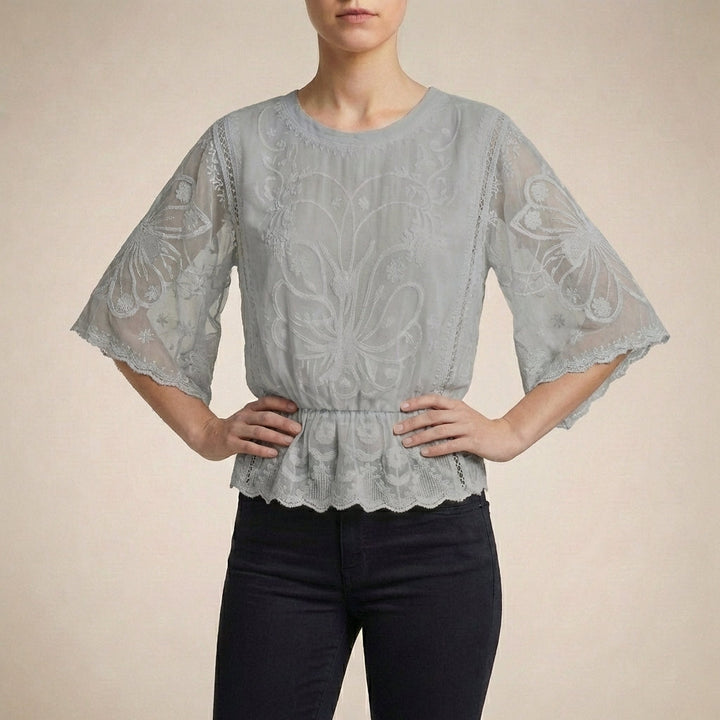 Duttini | Elegant Boho-Chic Embroidered Sheer Mesh Blouse With Flared Sleeves
