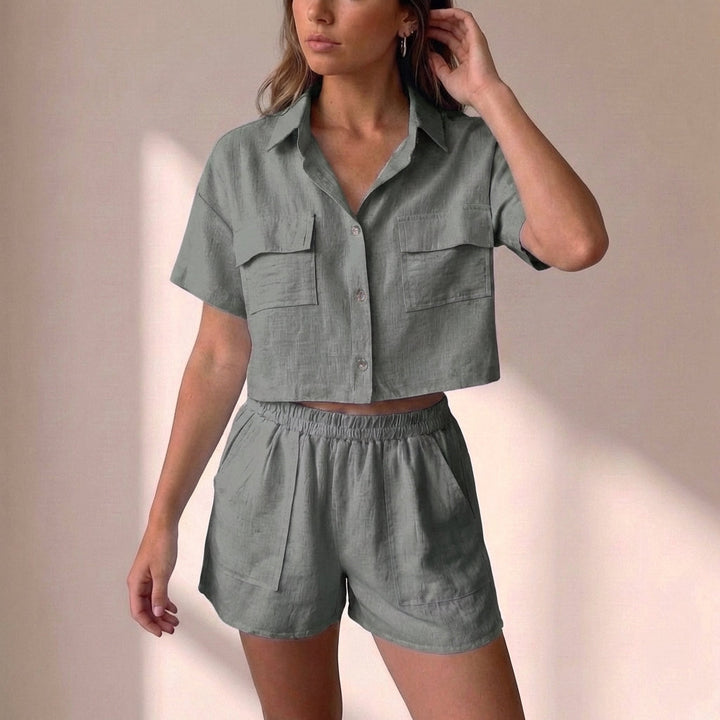 Duttini | Effortless Relaxed Collared Two-Piece Shorts Set In Lightweight Textured Woven Fabric