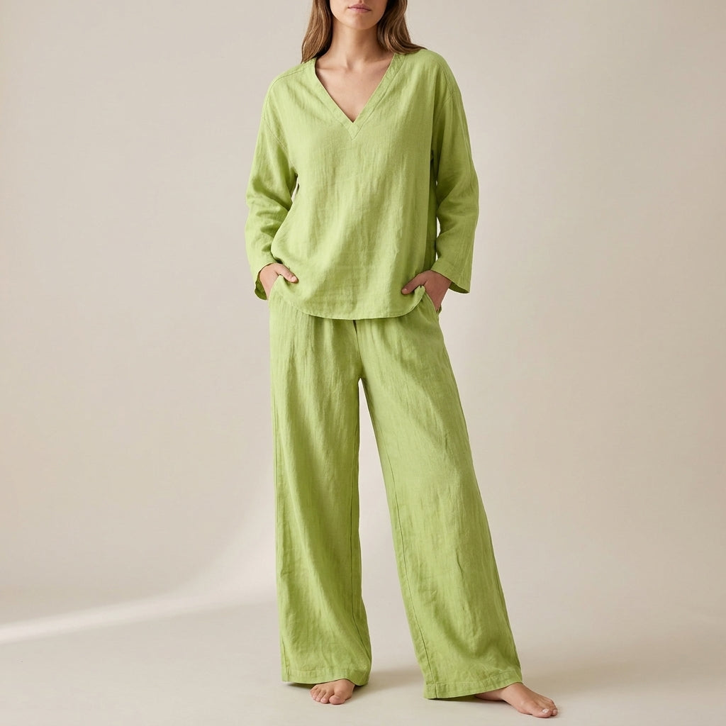 Duttini | Graceful Relaxed V-Neck Pullover With Flowing Wide-Leg Pants Set