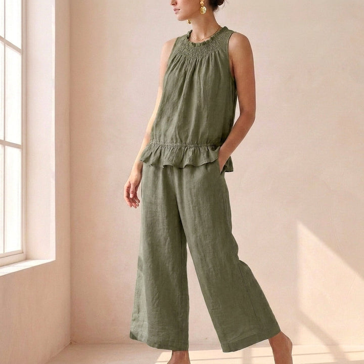 Duttini | Graceful Bohemian-Inspired Relaxed Two-Piece Set With Ruffled Neckline And Wide-Leg Trousers
