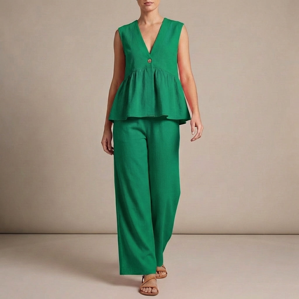 Duttini | Lightweight Textured Two-Piece Set With Peplum Top And Wide-Leg Pants
