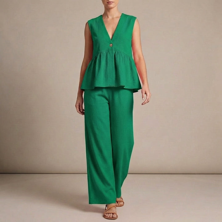 Duttini | Lightweight Textured Two-Piece Set With Peplum Top And Wide-Leg Pants