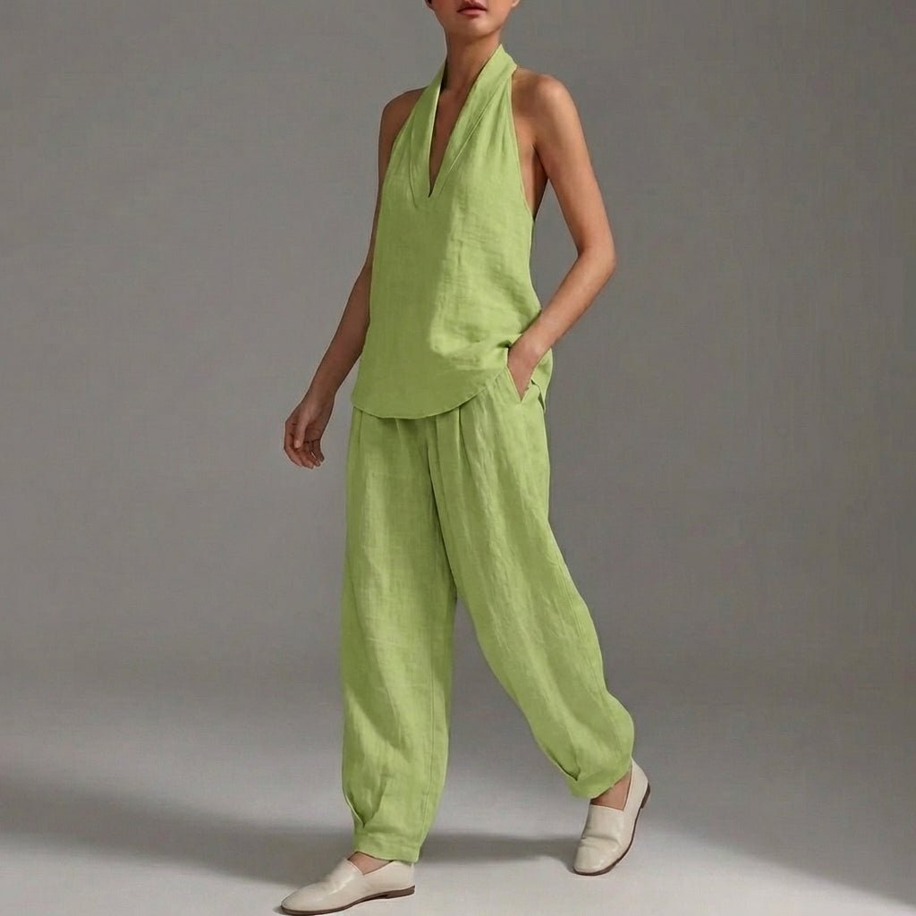 Duttini | Lightweight Two-Piece Halter V-Neck Suit With Wide-Leg Trousers