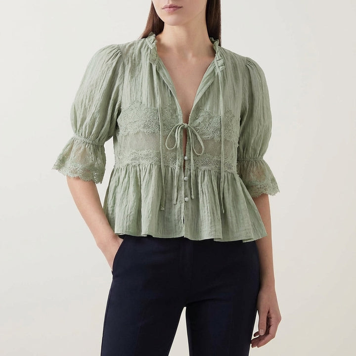 Duttini | Flowing Bohemian Babydoll Blouse With Lace Insets And Ruffle Trim