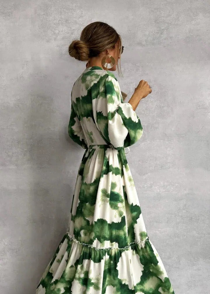 Duttini | Luxe Tie-Dye Belted Long Sleeve Tiered Maxi Dress