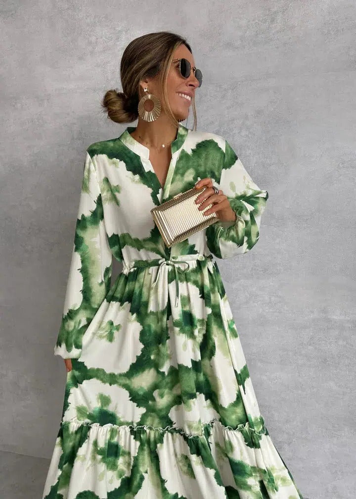 Duttini | Luxe Tie-Dye Belted Long Sleeve Tiered Maxi Dress