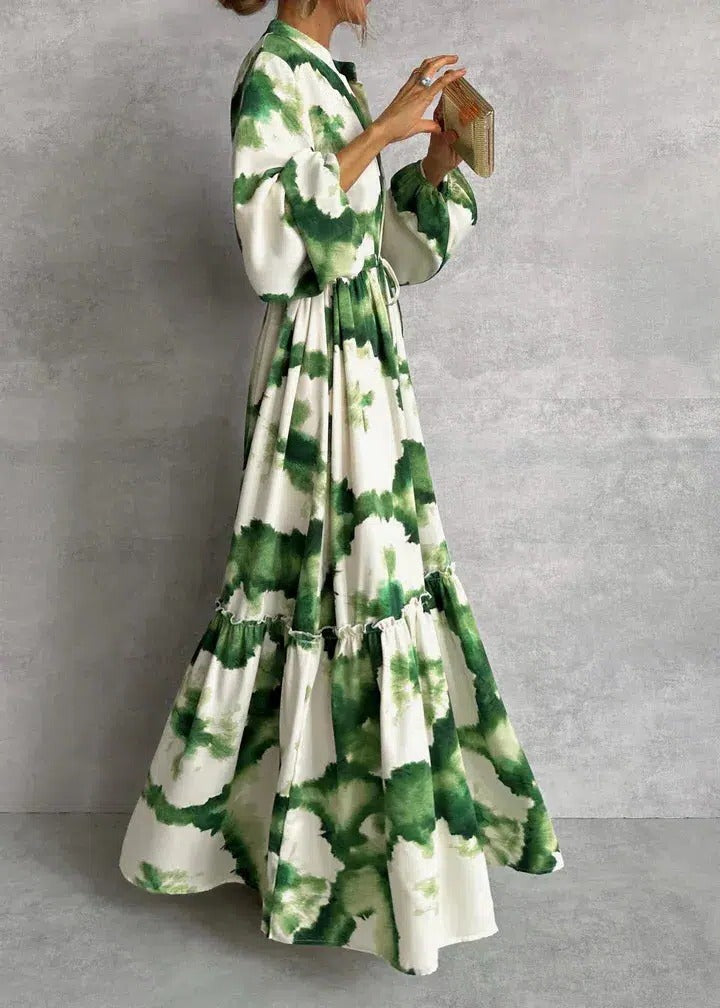 Duttini | Luxe Tie-Dye Belted Long Sleeve Tiered Maxi Dress
