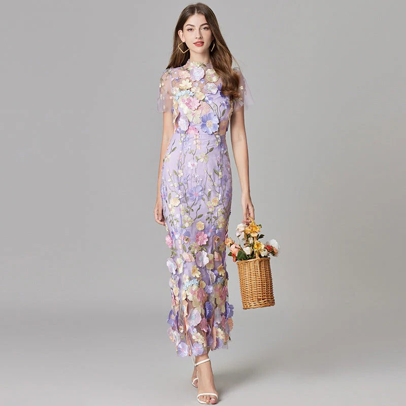 Duttini | Elegant 3D Floral Appliqué Sheer Mesh Sleeveless Maxi Dress
