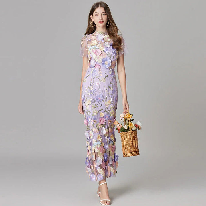 Duttini | Elegant 3D Floral Appliqué Sheer Mesh Sleeveless Maxi Dress