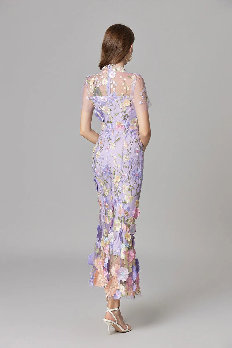 Duttini | Elegant 3D Floral Appliqué Sheer Mesh Sleeveless Maxi Dress