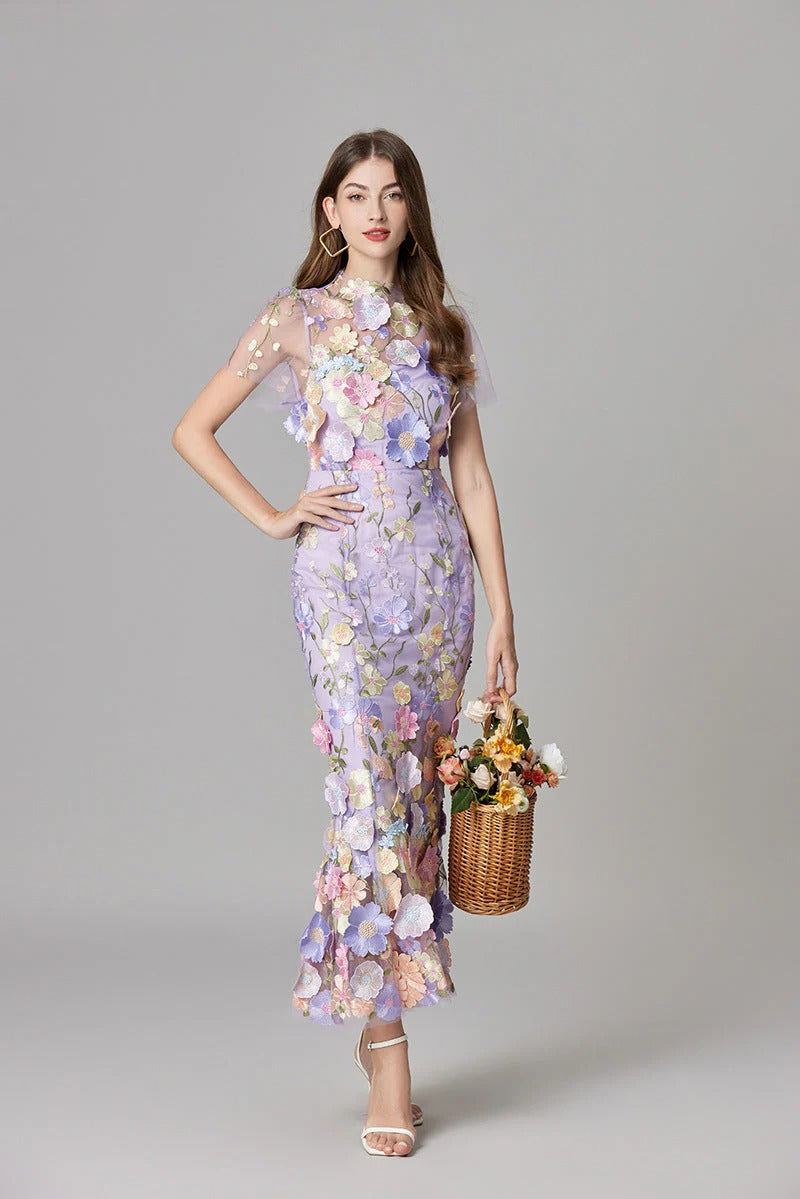 Duttini | Elegant 3D Floral Appliqué Sheer Mesh Sleeveless Maxi Dress