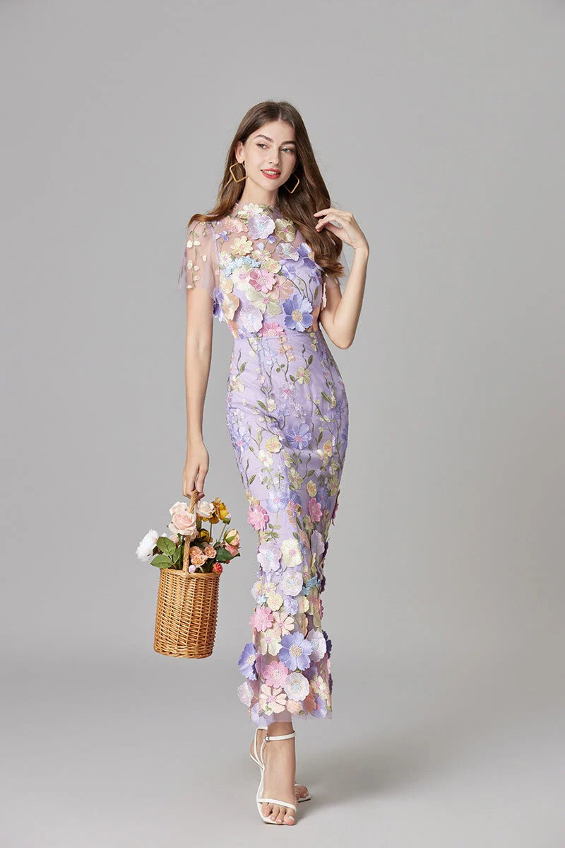 Duttini | Elegant 3D Floral Appliqué Sheer Mesh Sleeveless Maxi Dress