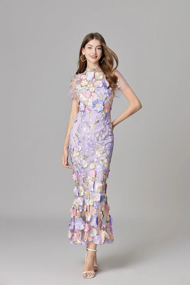 Duttini | Elegant 3D Floral Appliqué Sheer Mesh Sleeveless Maxi Dress
