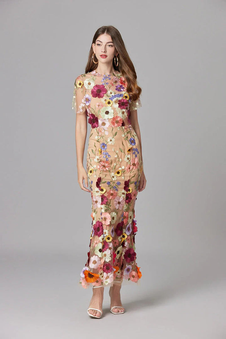 Duttini | Elegant 3D Floral Appliqué Sheer Mesh Sleeveless Maxi Dress