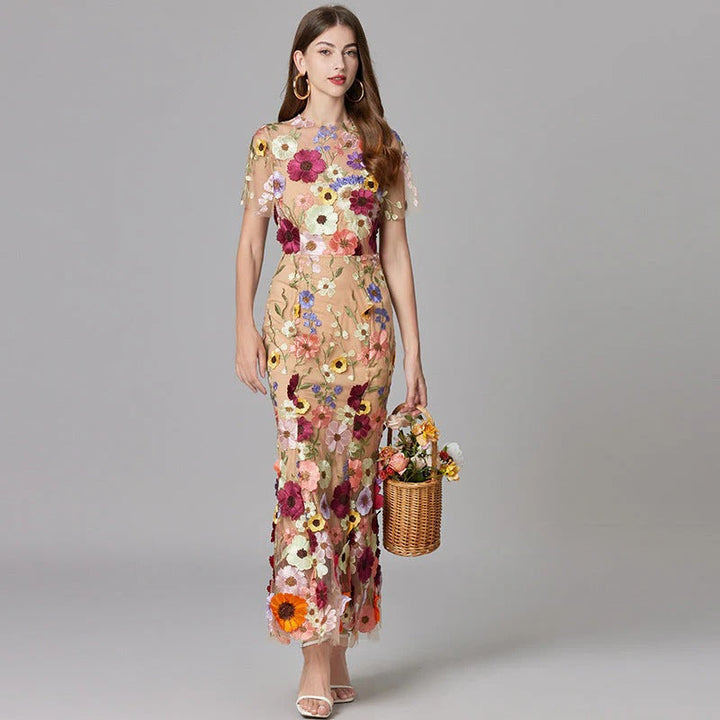 Duttini | Elegant 3D Floral Appliqué Sheer Mesh Sleeveless Maxi Dress