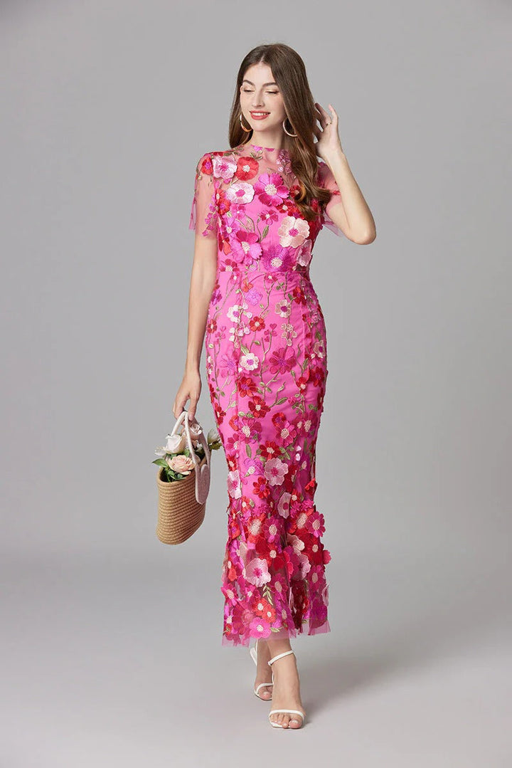 Duttini | Elegant 3D Floral Appliqué Sheer Mesh Sleeveless Maxi Dress