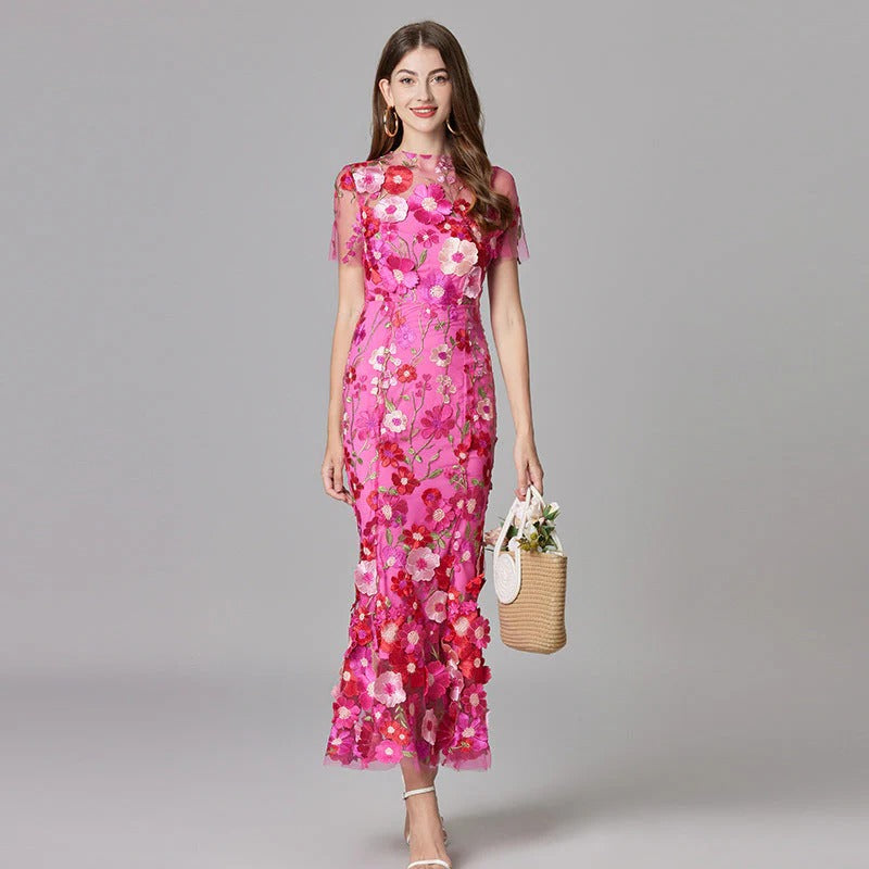Duttini | Elegant 3D Floral Appliqué Sheer Mesh Sleeveless Maxi Dress