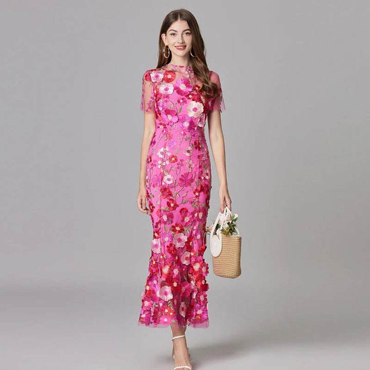 Duttini | Elegant 3D Floral Appliqué Sheer Mesh Sleeveless Maxi Dress