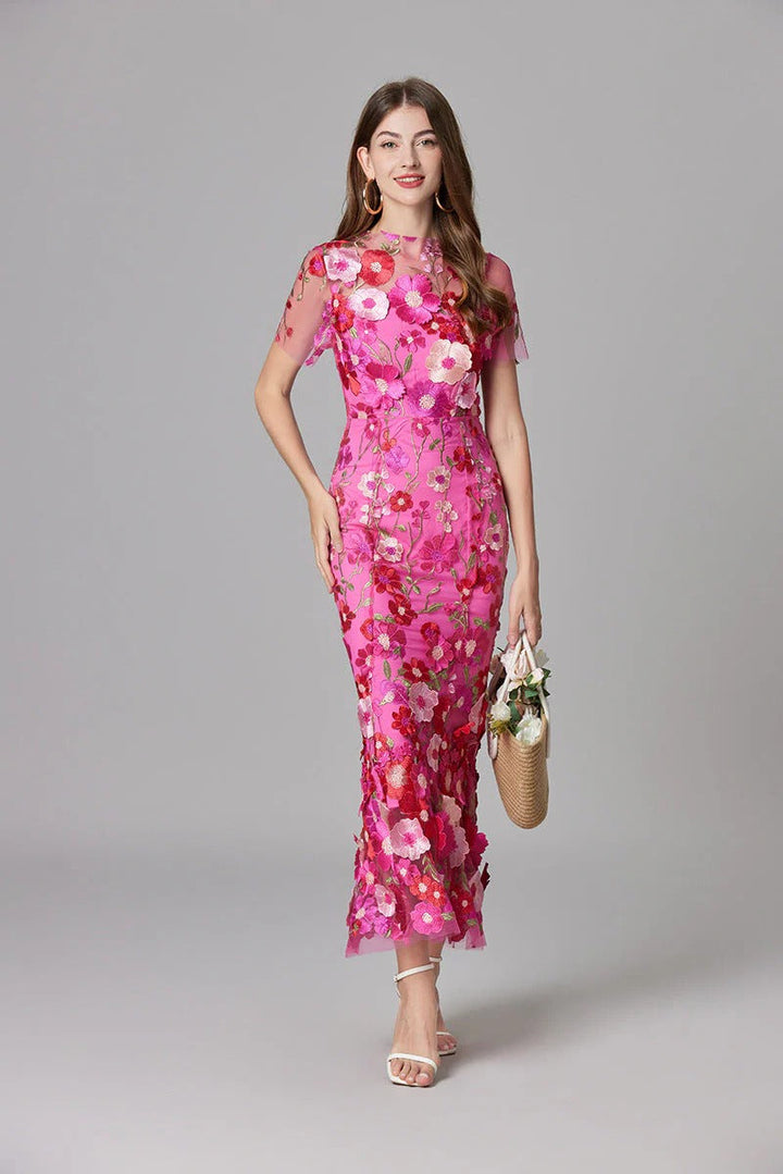 Duttini | Elegant 3D Floral Appliqué Sheer Mesh Sleeveless Maxi Dress