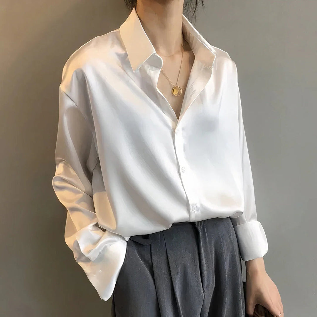 Duttini | Graceful Satin Button-Down Blouse Long Sleeve Collar Shirt
