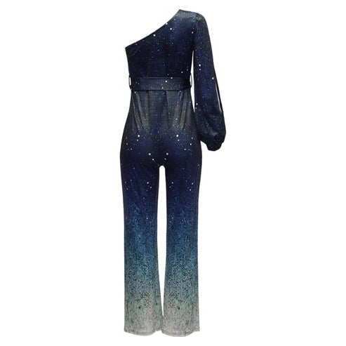 Duttini | Flowing One Shoulder Sequin Ombre Flare Leg Jumpsuit