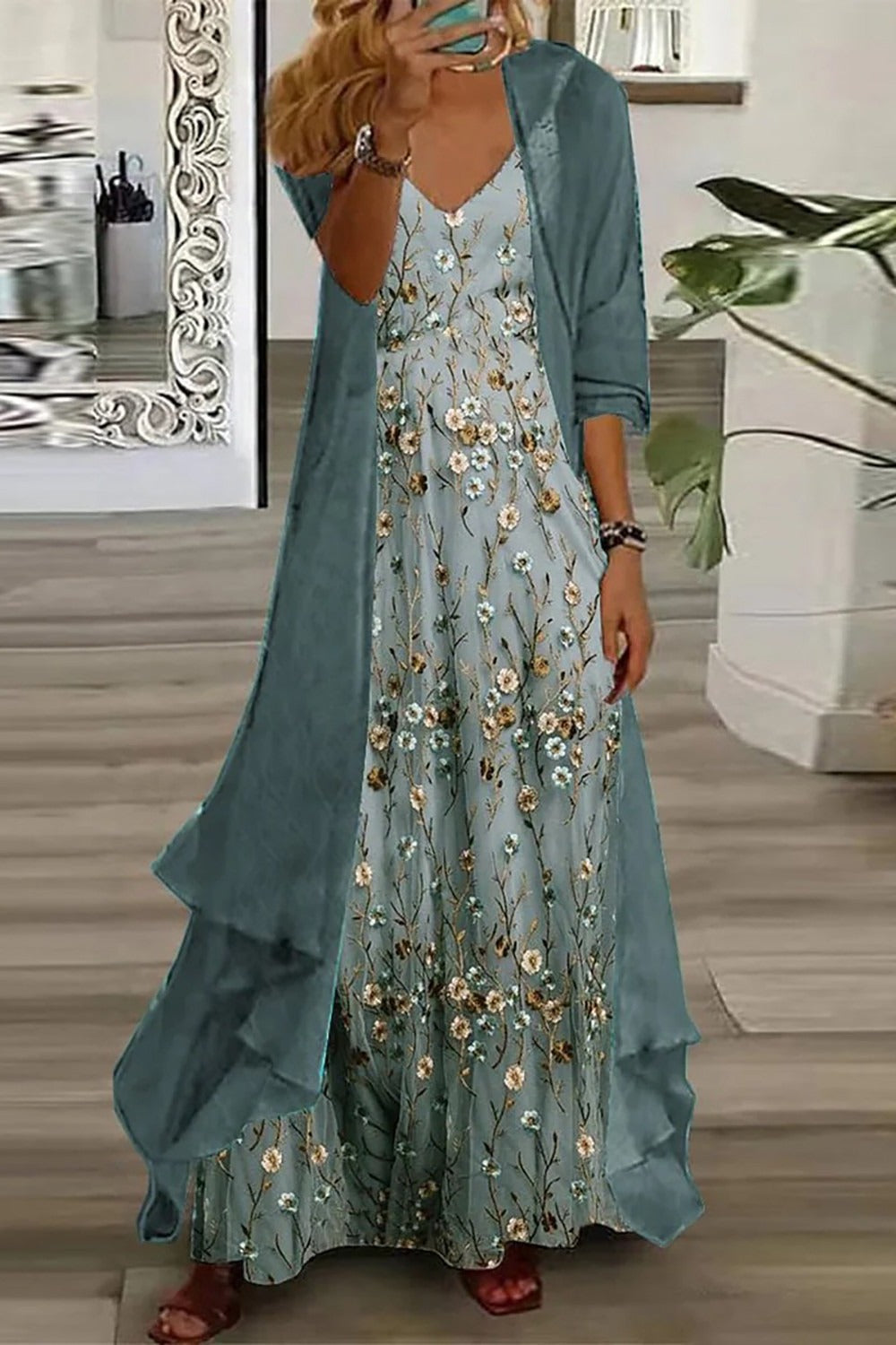 Duttini | Sculpted Floral Maxi Dress Set V-Neck With Duster Cardigan