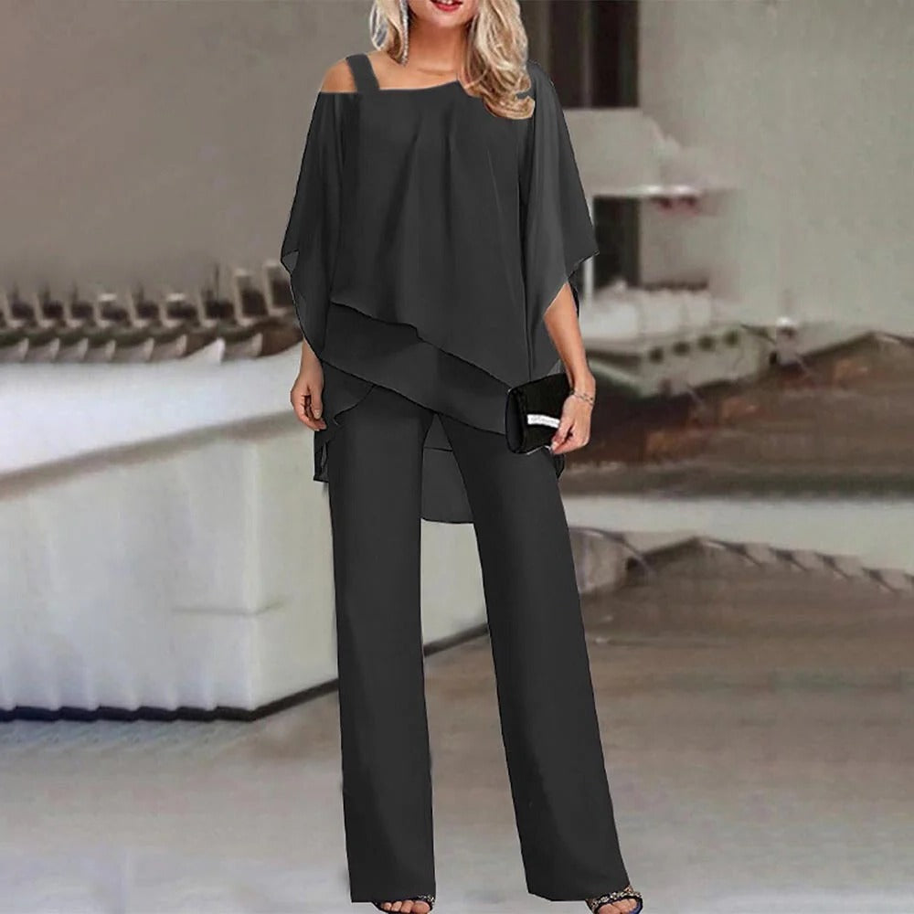 Duttini | Sophisticated Cold Shoulder Chiffon Overlay Wide Leg Jumpsuit