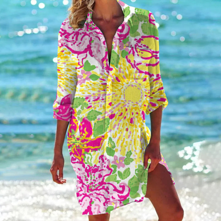 Duttini | Romantic Tropical Print Shirt Dress 3/4 Sleeve Beach Cover Up