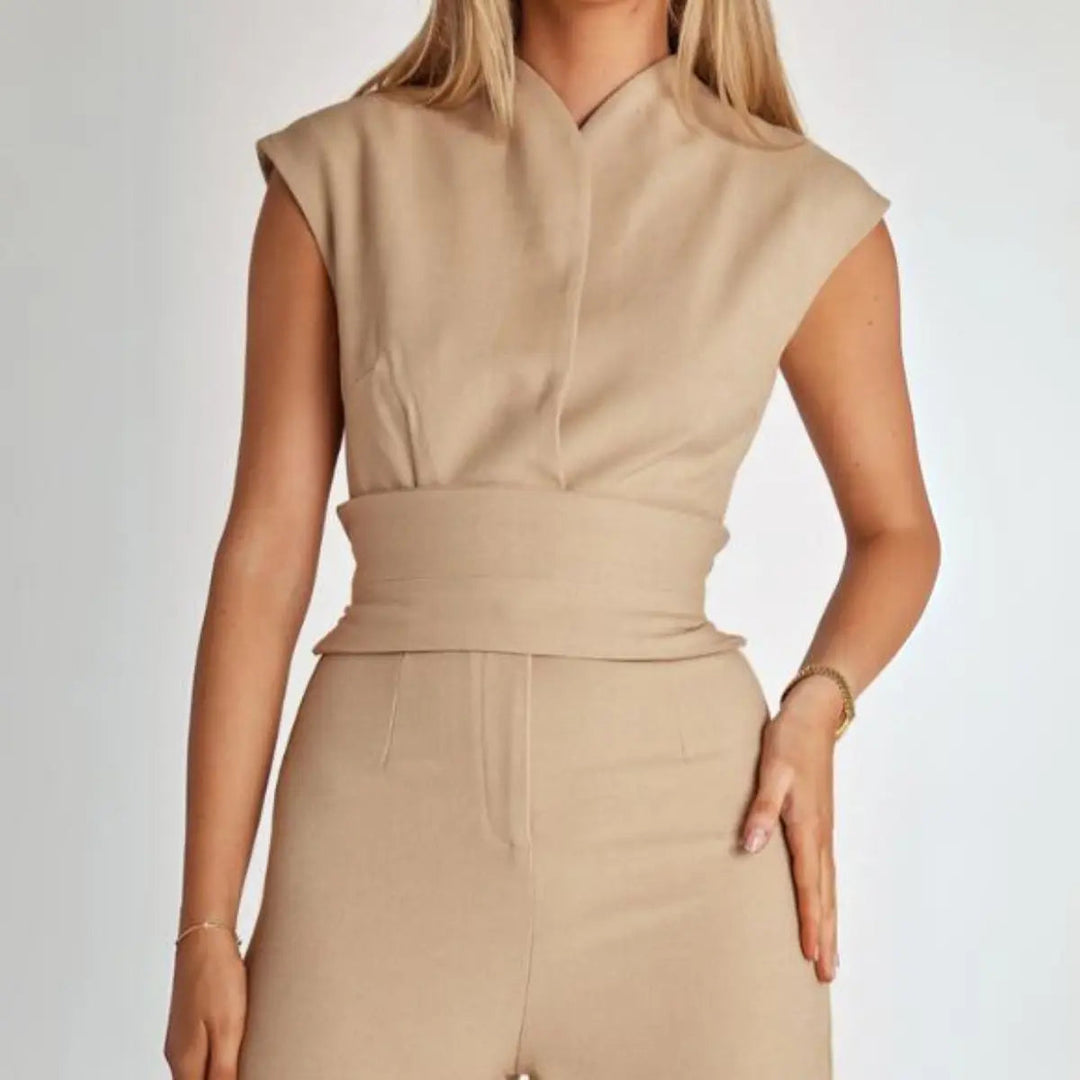 Duttini | Structured High-Waisted Sleeveless Jumpsuit, Beige
