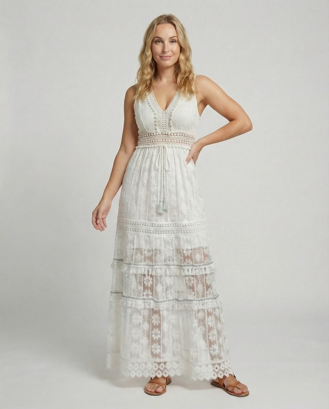 Duttini | Luxe Bohemian Lace Maxi Dress With Tiered Skirt And Tassel Waist