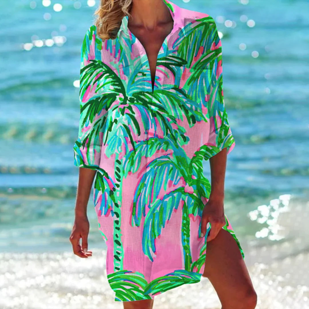 Duttini | Romantic Tropical Print Shirt Dress 3/4 Sleeve Beach Cover Up