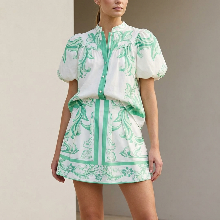 Duttini | Sculpted Puff Sleeve Button-Front Top And A-Line Mini Skirt Matching Set With Band Collar