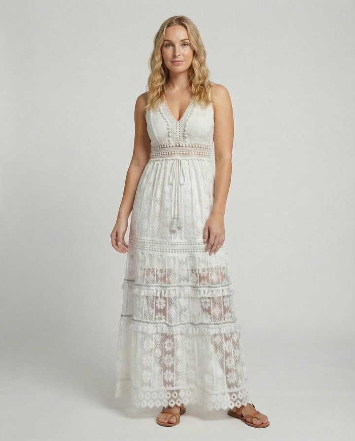 Duttini | Luxe Bohemian Lace Maxi Dress With Tiered Skirt And Tassel Waist