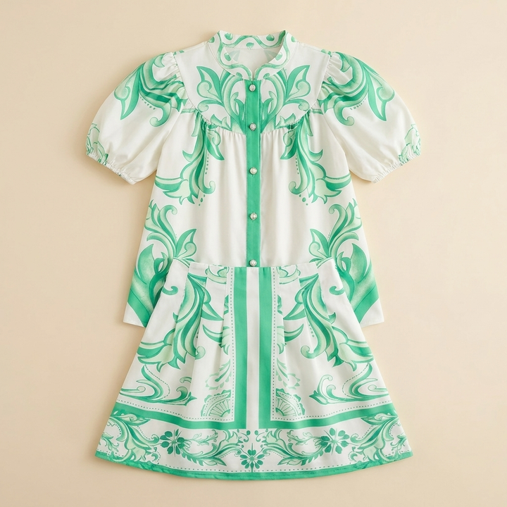 Duttini | Sculpted Puff Sleeve Button-Front Top And A-Line Mini Skirt Matching Set With Band Collar