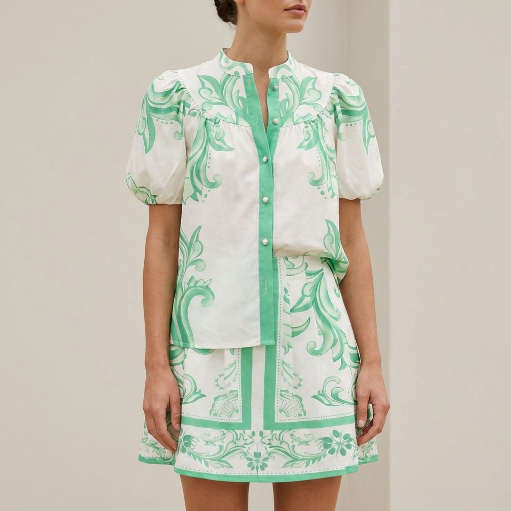 Duttini | Sculpted Puff Sleeve Button-Front Top And A-Line Mini Skirt Matching Set With Band Collar