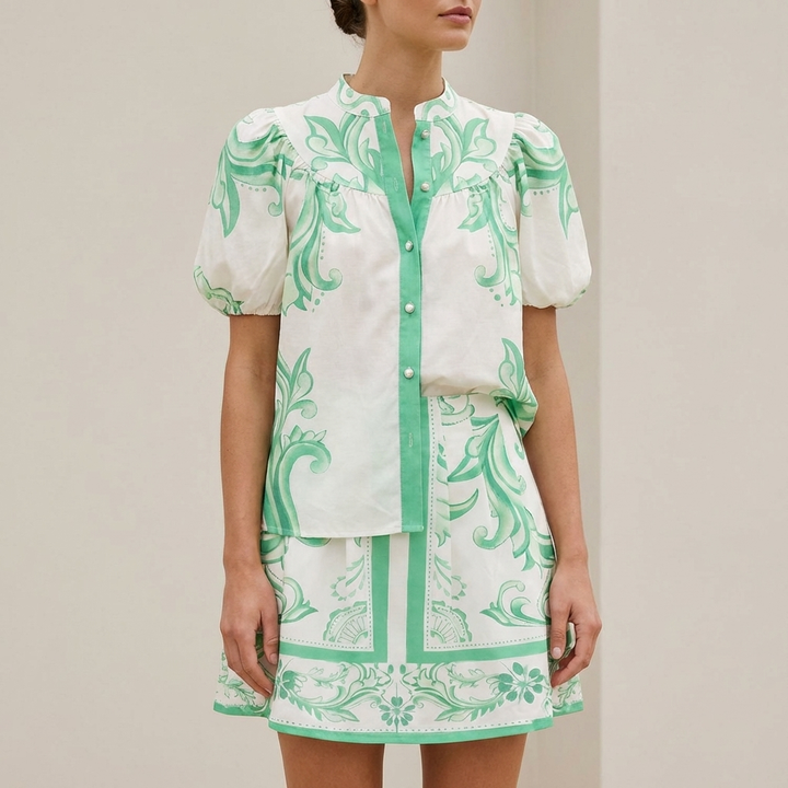 Duttini | Sculpted Puff Sleeve Button-Front Top And A-Line Mini Skirt Matching Set With Band Collar