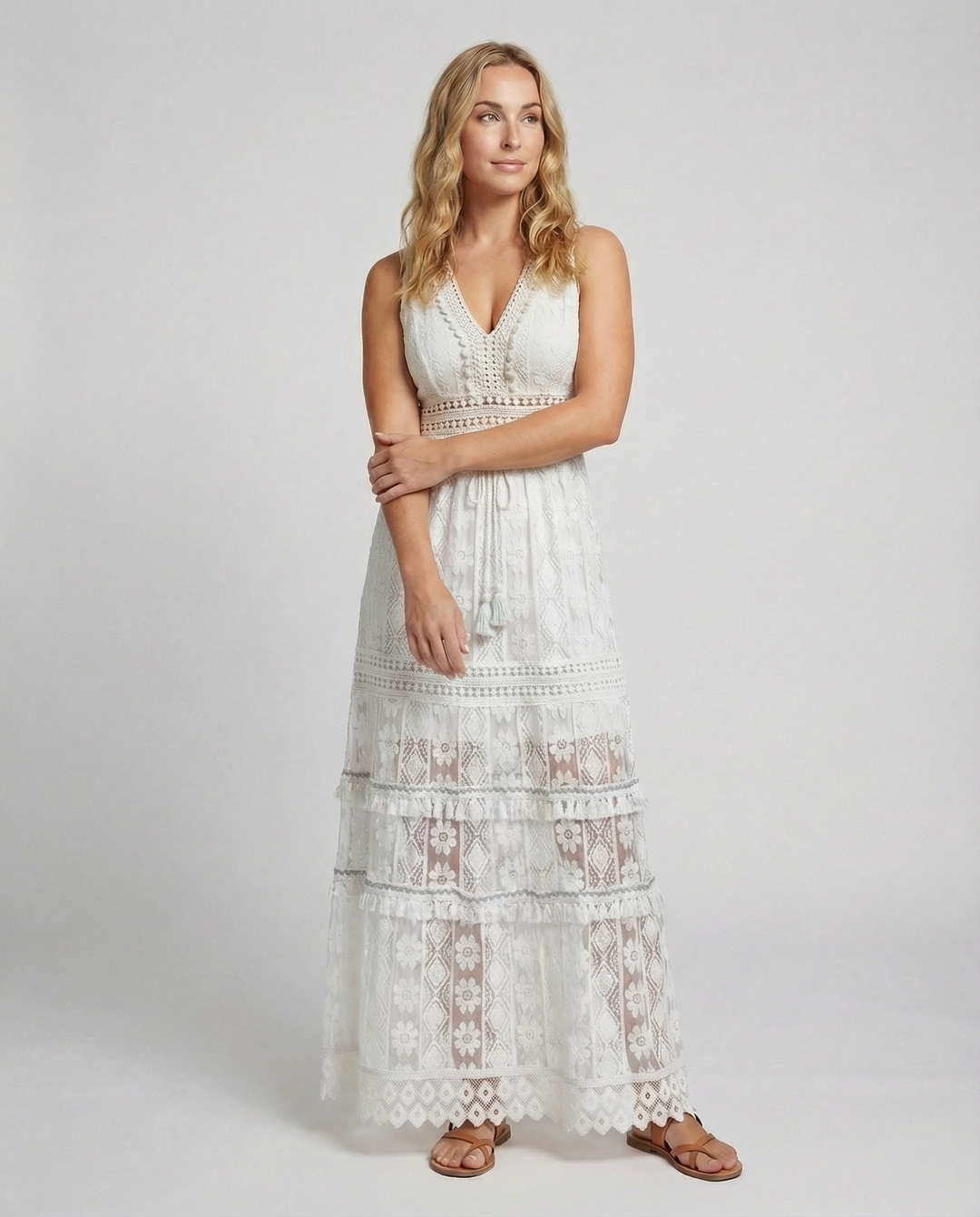Duttini | Luxe Bohemian Lace Maxi Dress With Tiered Skirt And Tassel Waist