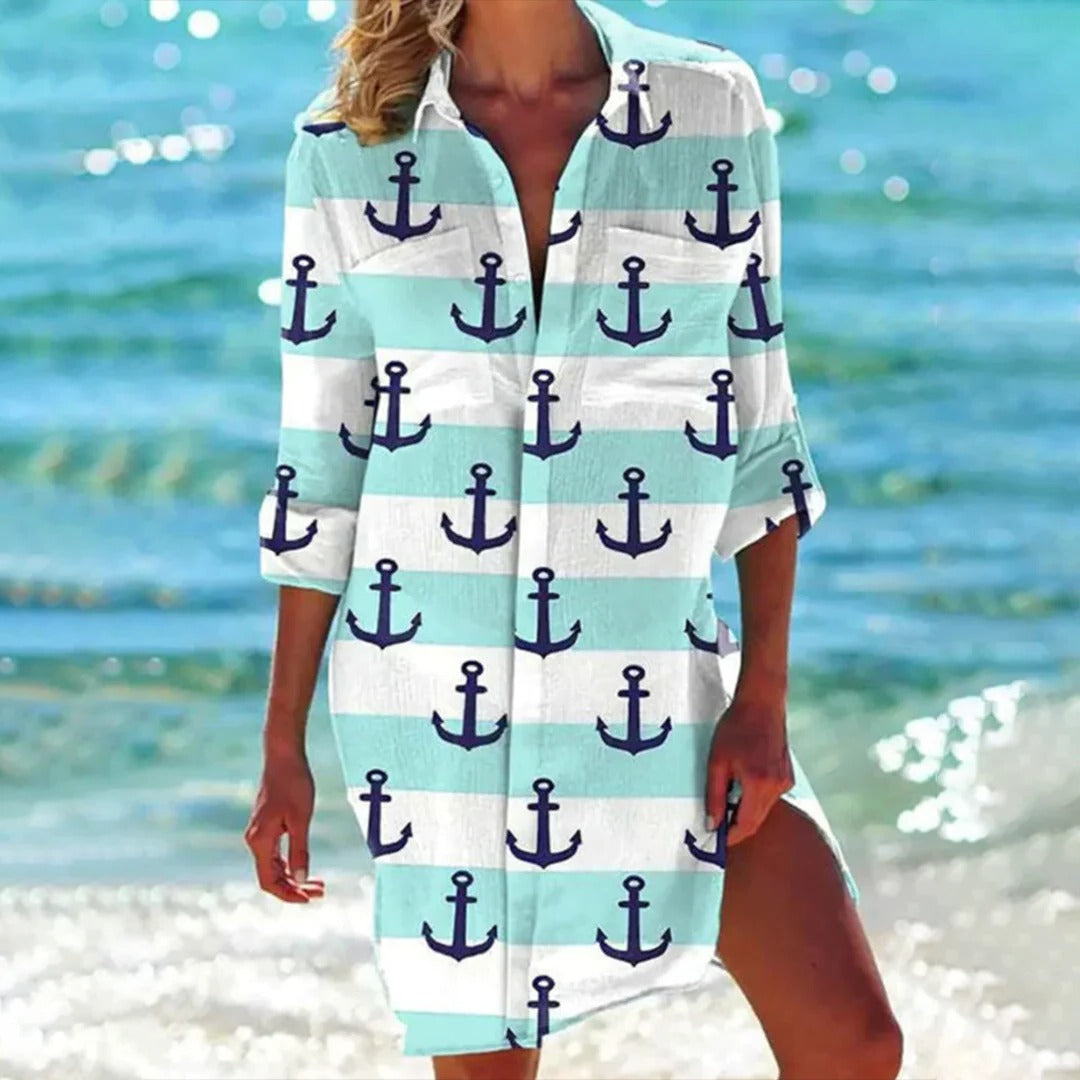 Duttini | Romantic Tropical Print Shirt Dress 3/4 Sleeve Beach Cover Up