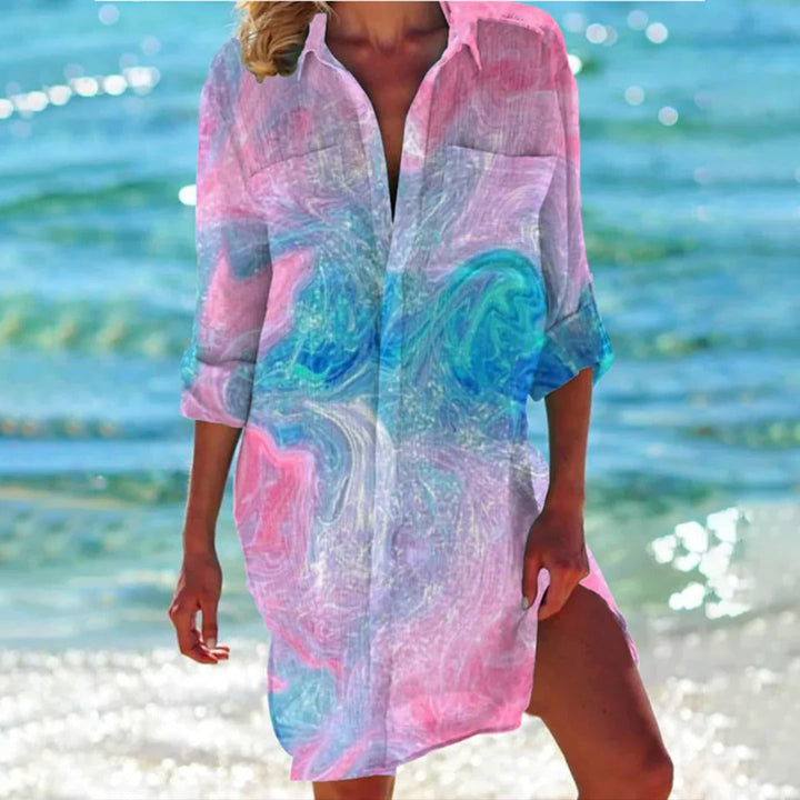 Duttini | Romantic Tropical Print Shirt Dress 3/4 Sleeve Beach Cover Up