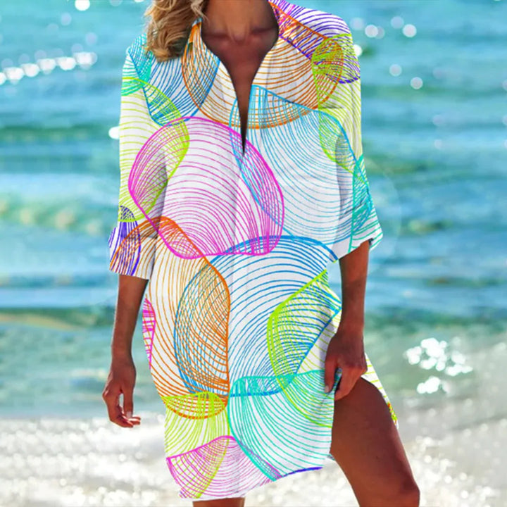 Duttini | Romantic Tropical Print Shirt Dress 3/4 Sleeve Beach Cover Up
