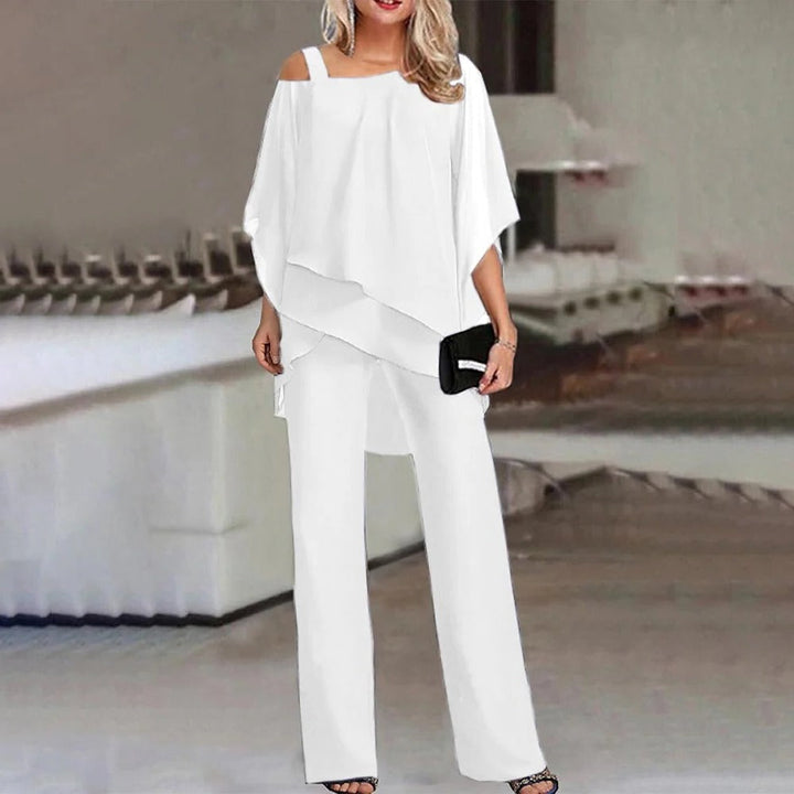 Duttini | Sophisticated Cold Shoulder Chiffon Overlay Wide Leg Jumpsuit