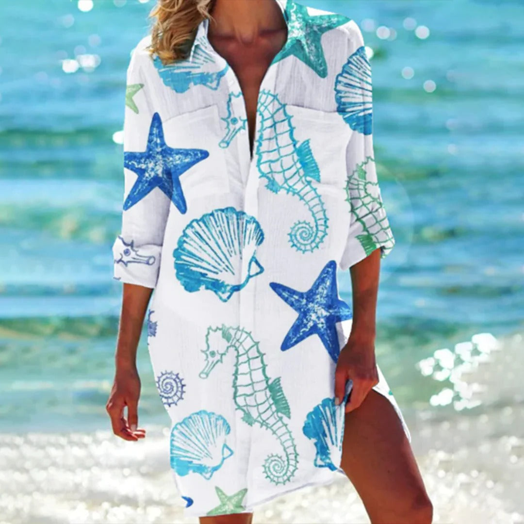 Duttini | Romantic Tropical Print Shirt Dress 3/4 Sleeve Beach Cover Up