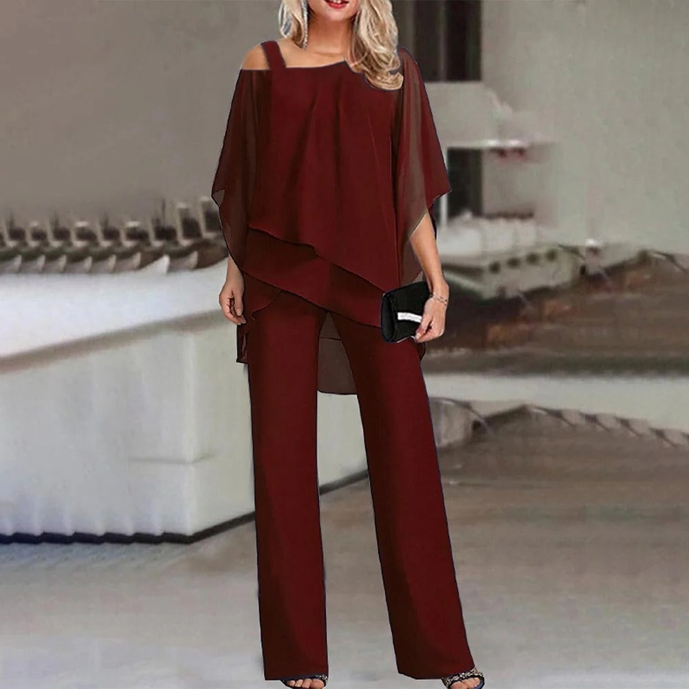 Duttini | Sophisticated Cold Shoulder Chiffon Overlay Wide Leg Jumpsuit