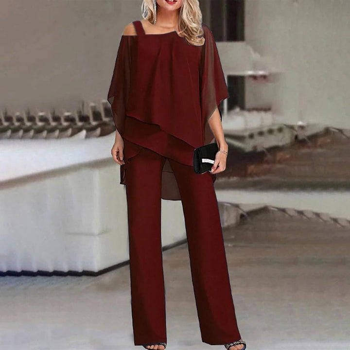 Duttini | Sophisticated Cold Shoulder Chiffon Overlay Wide Leg Jumpsuit