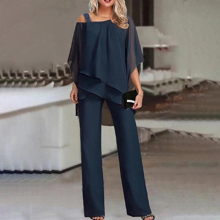 Duttini | Sophisticated Cold Shoulder Chiffon Overlay Wide Leg Jumpsuit