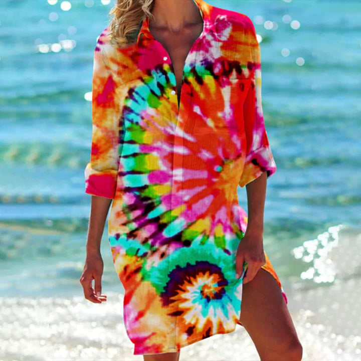 Duttini | Romantic Tropical Print Shirt Dress 3/4 Sleeve Beach Cover Up
