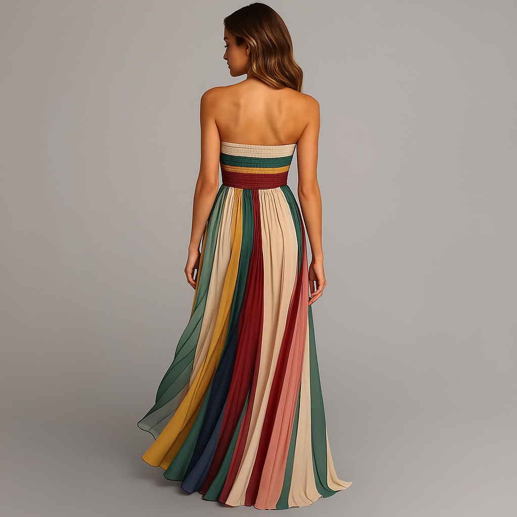 Duttini | Refined Strapless Colorful Pleated Summer Maxi Dress Strapless