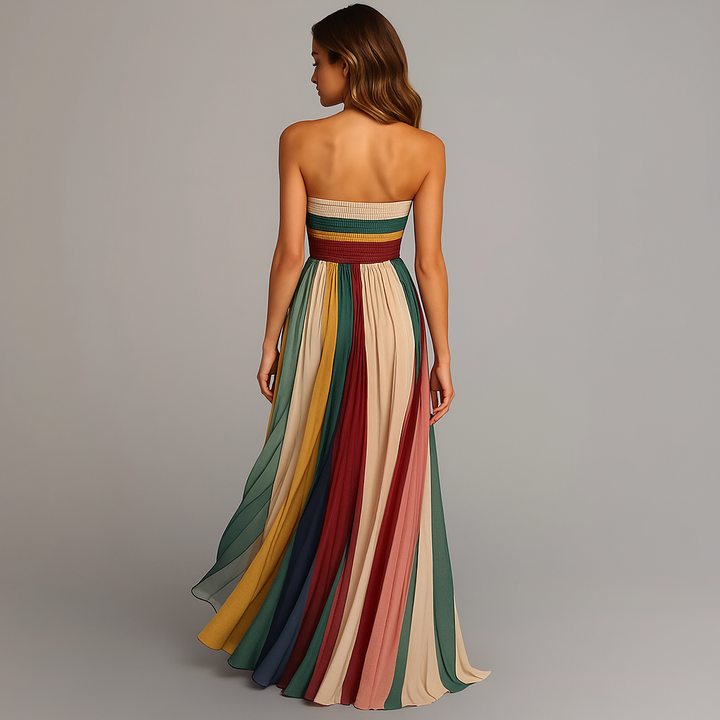 Duttini | Refined Strapless Colorful Pleated Summer Maxi Dress Strapless