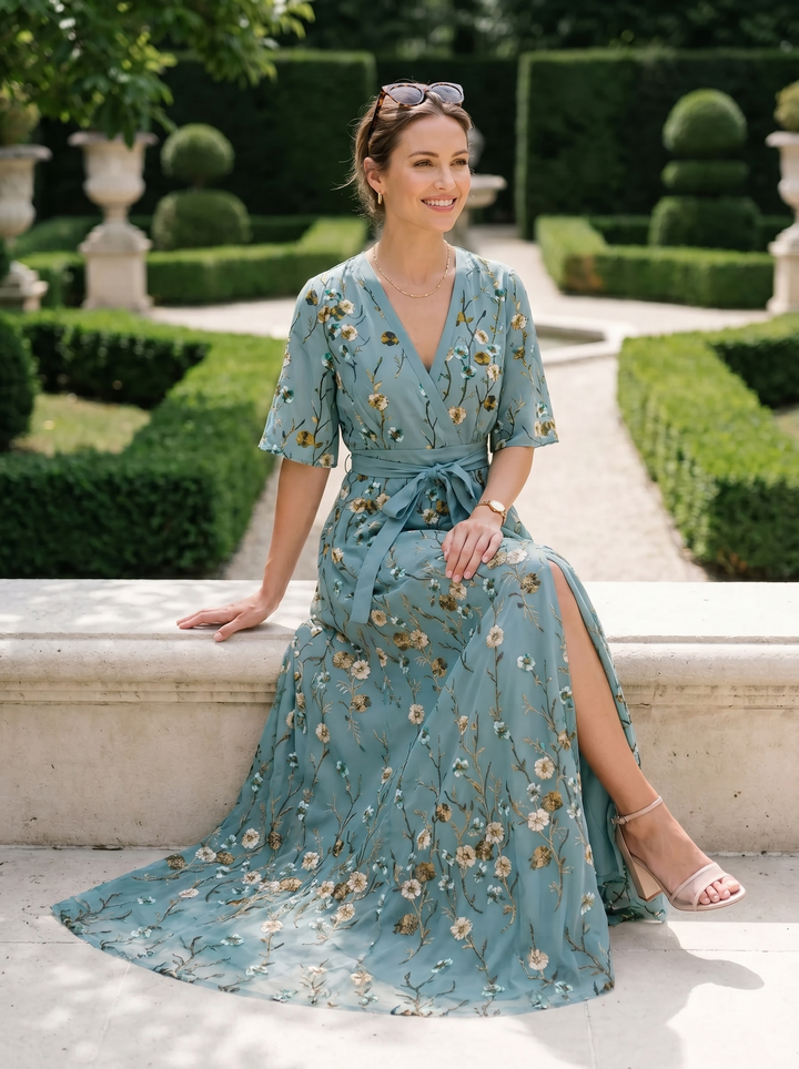 Duttini | Elegant Floral Print V-Neck Maxi Dress With Flutter Sleeves And Pockets