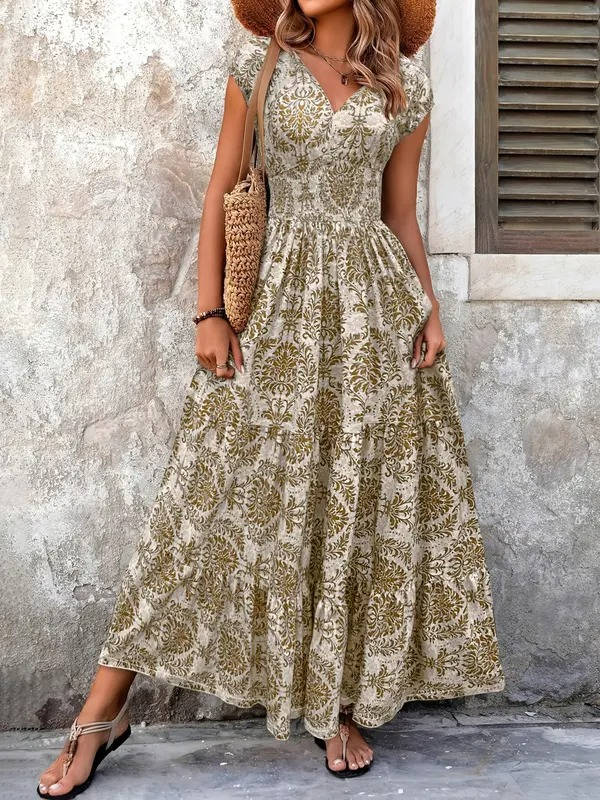 Duttini | Feminine Smocked Boho Print Tiered Maxi Dress